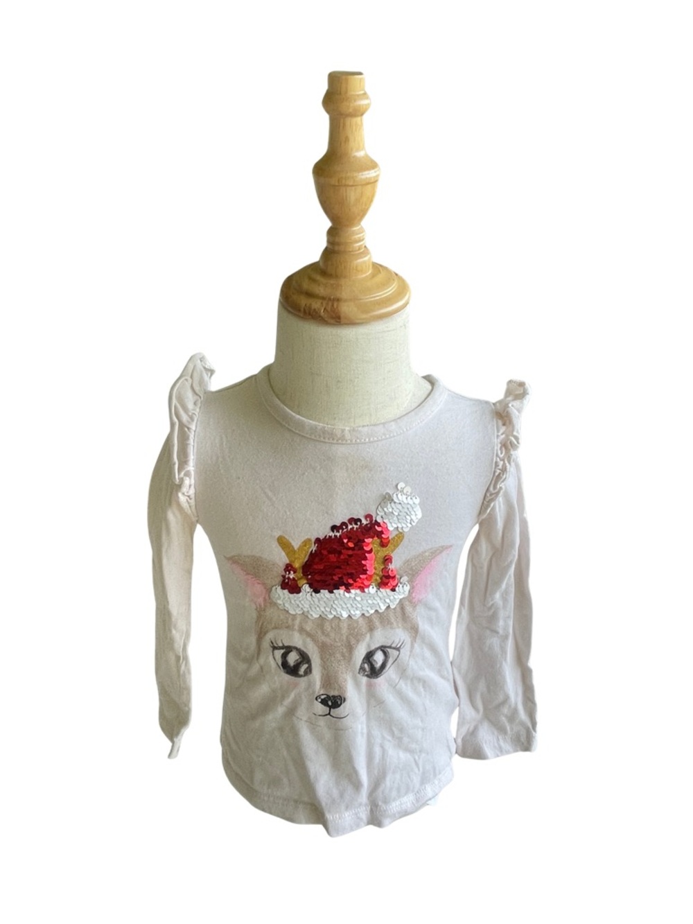 Girls' Christmas Cream Long-Sleeve Top with Sequin Deer Graphic